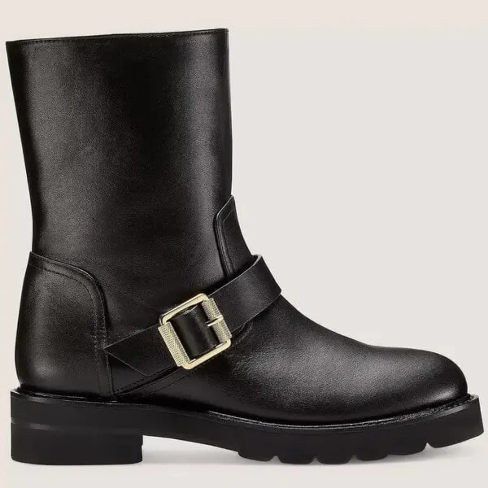Stuart Weitzman NEW Black Combat Boots with Gold Buckle - Picture 2 of 14